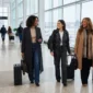 American women over 30 wearing varied winter travel outfits with coats, denim, leggings, scarves, and luggage.