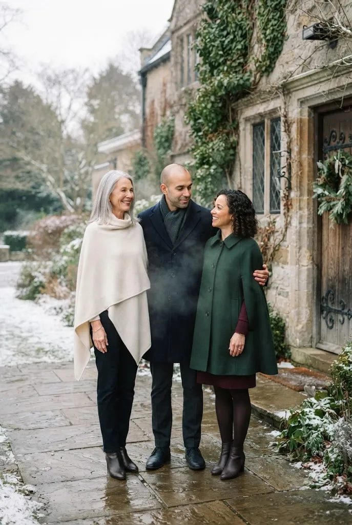 Family members wearing wool wraps and cape coats at a winter wedding