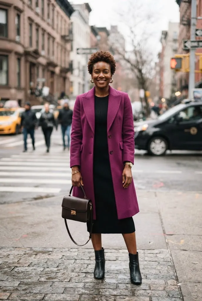 Black midi dress with a bold plum statement coat, easy winter wedding outfit