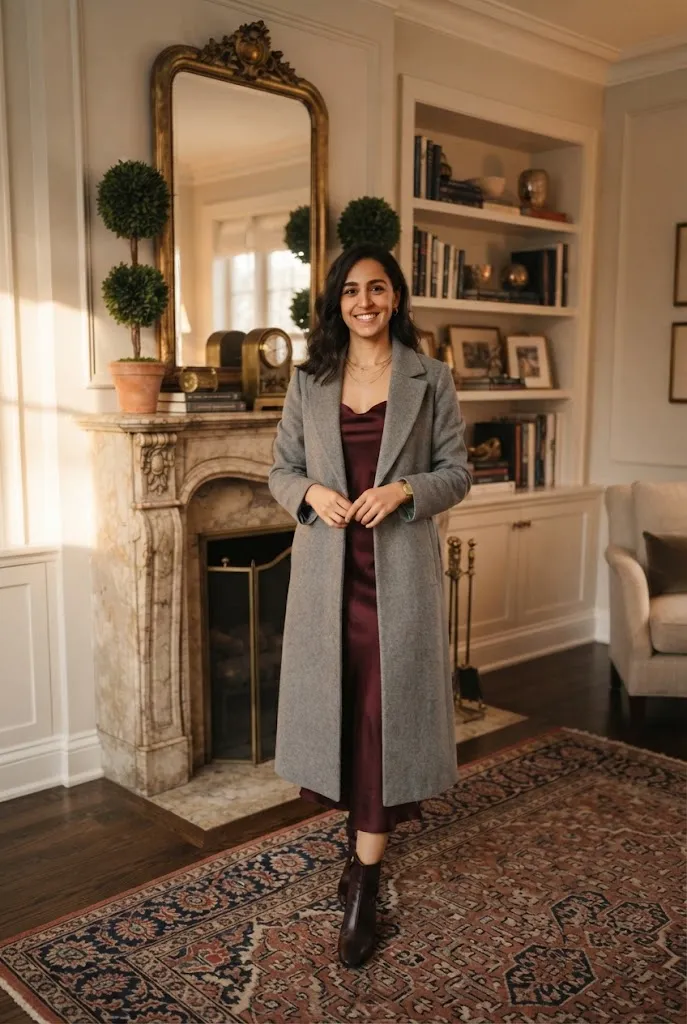 Burgundy dress paired with a long grey wool coat for winter weddings