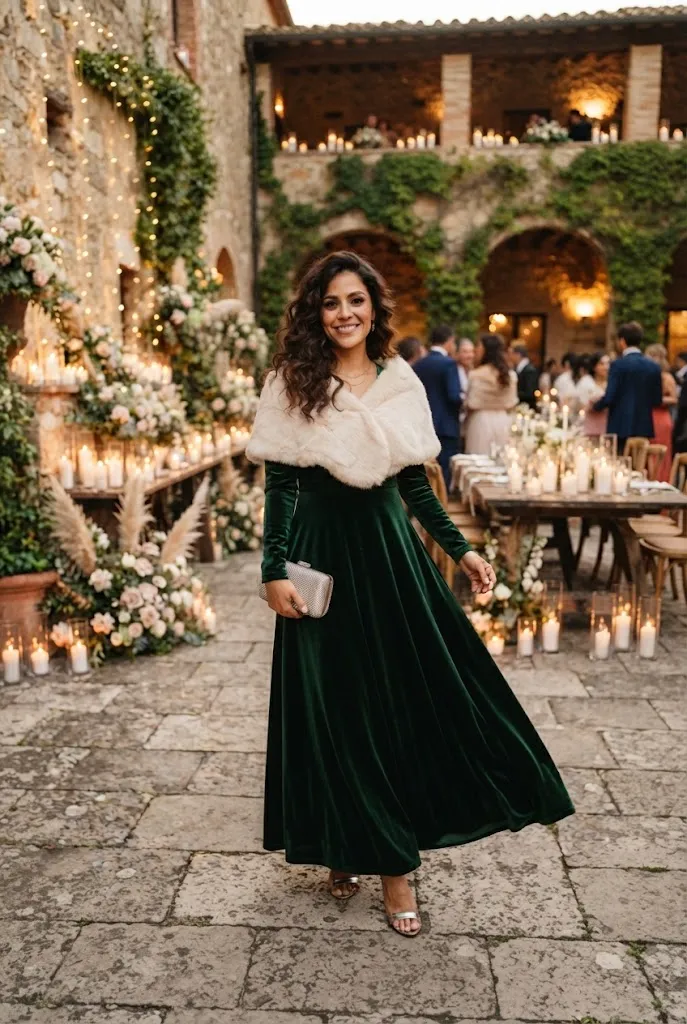 Woman in emerald velvet gown with faux fur stole, winter wedding guest outfit idea
