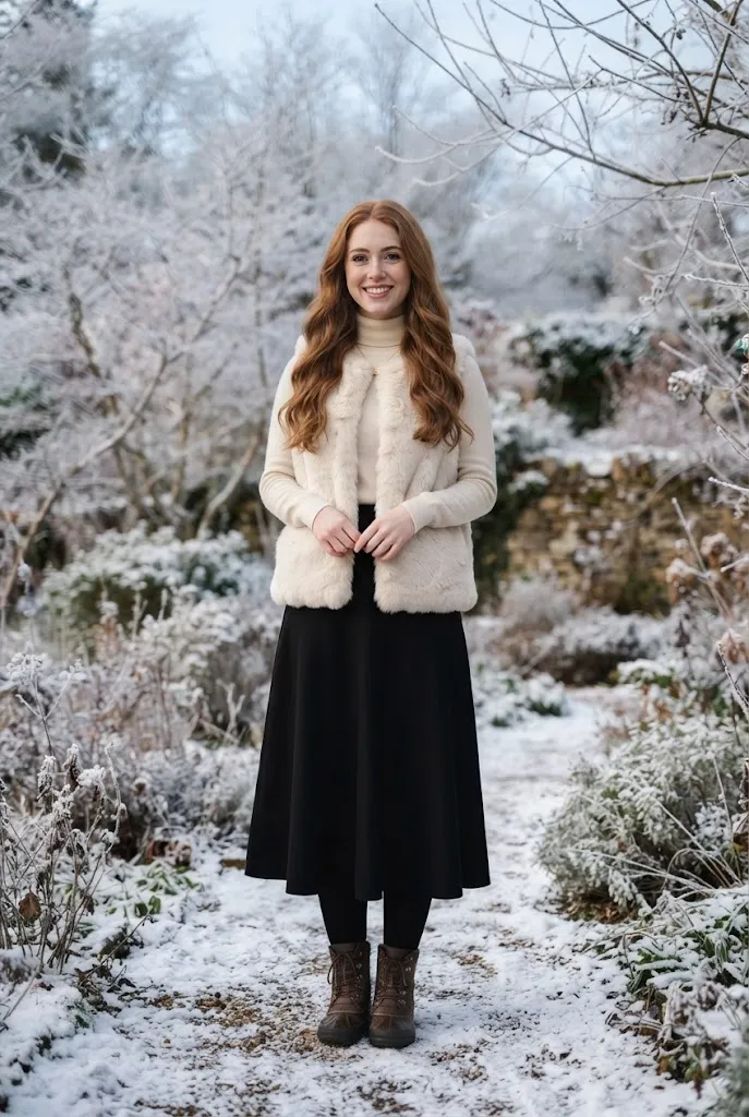 Faux fur vest over a turtleneck, polished winter wedding guest outfit