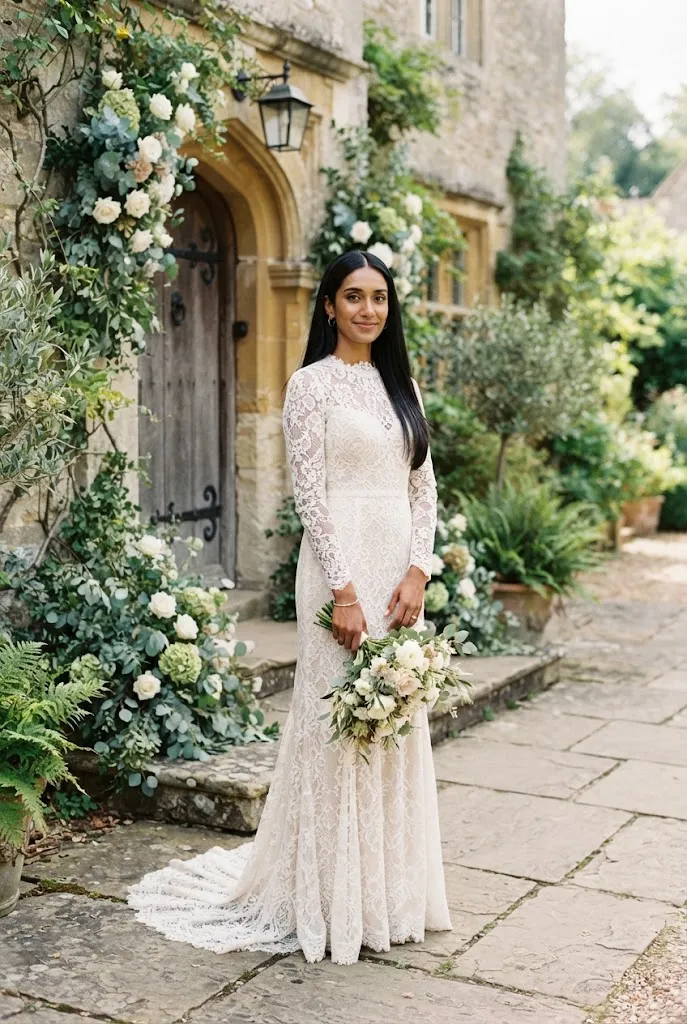 Ivory long sleeve lace gown, formal winter wedding guest outfit idea