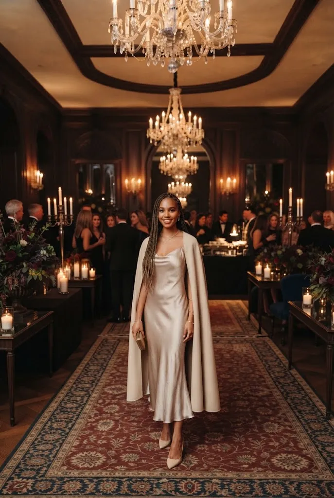 Metallic slip dress with a wool cape, black tie winter wedding guest look