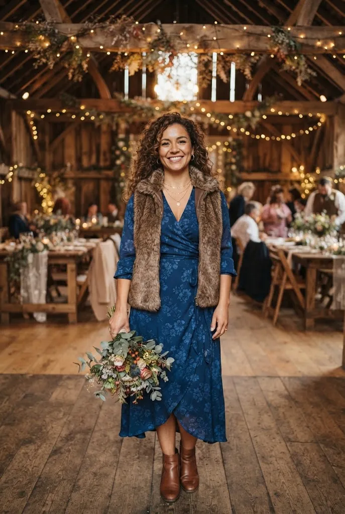 Sapphire wrap dress layered with a faux fur vest for winter weddings