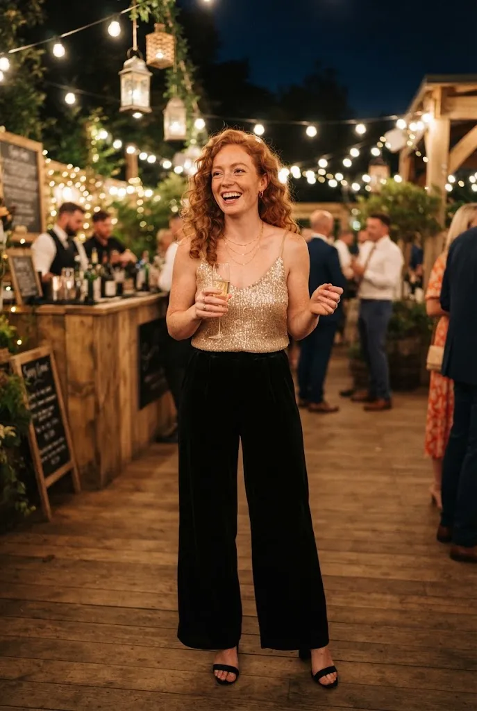 Sequin top and velvet trousers, cocktail attire winter wedding guest outfit