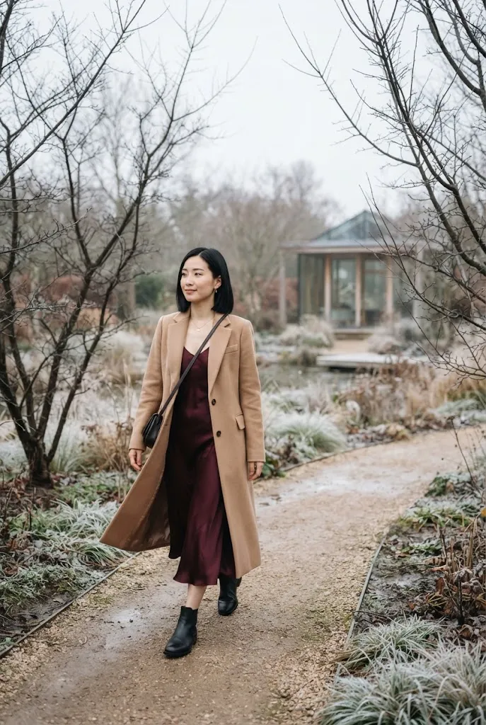 Silk slip dress layered under a wool coat for a winter wedding guest