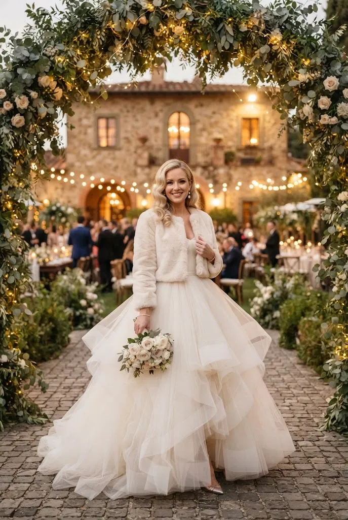 Tulle ball gown skirt with cropped fur jacket, winter wedding guest style