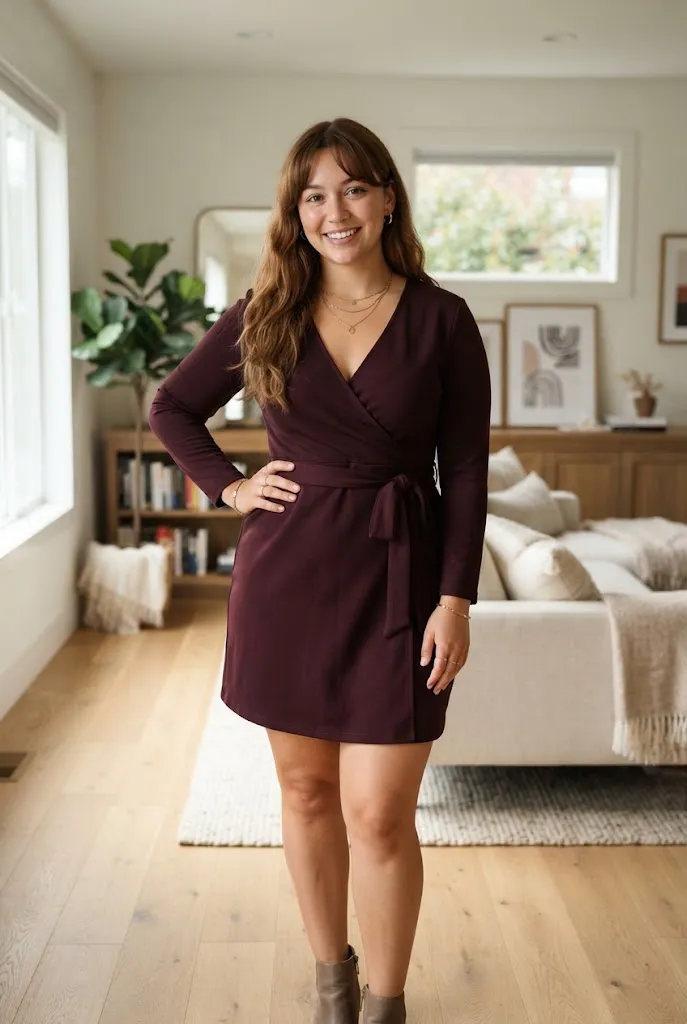 Curvy woman wearing a burgundy wrap dress with tied waist for date night