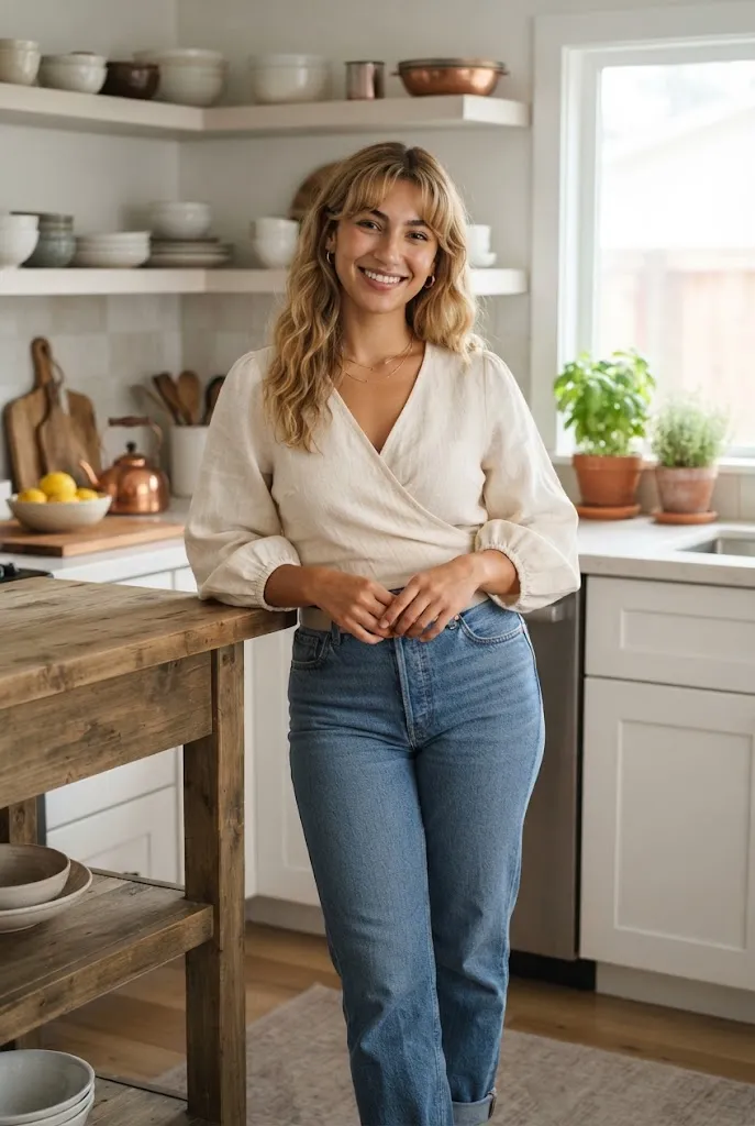 Curvy woman in a cream wrap top and straight leg jeans