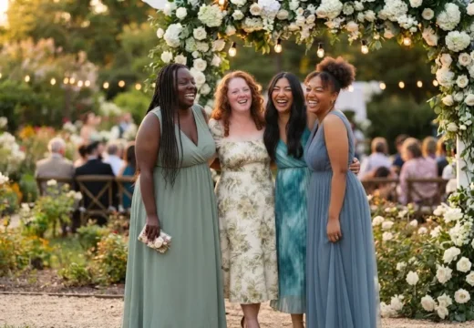 Four plus size women in colorful aesthetic wedding guest outfits standing together in a garden venue
