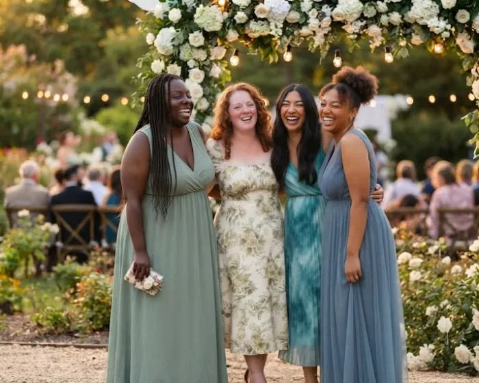Four plus size women in colorful aesthetic wedding guest outfits standing together in a garden venue