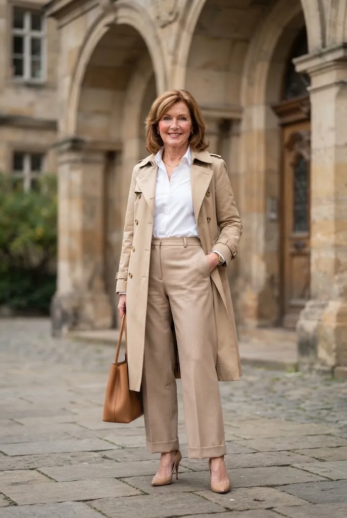 Woman over 50 with auburn hair in a beige trench coat, white shirt, beige trousers, and nude pumps.