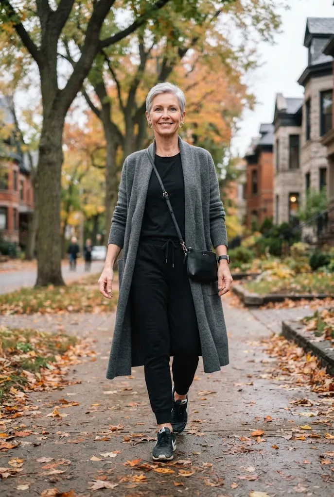 Woman in black sneakers, joggers, and a long cardigan walking down an autumn street