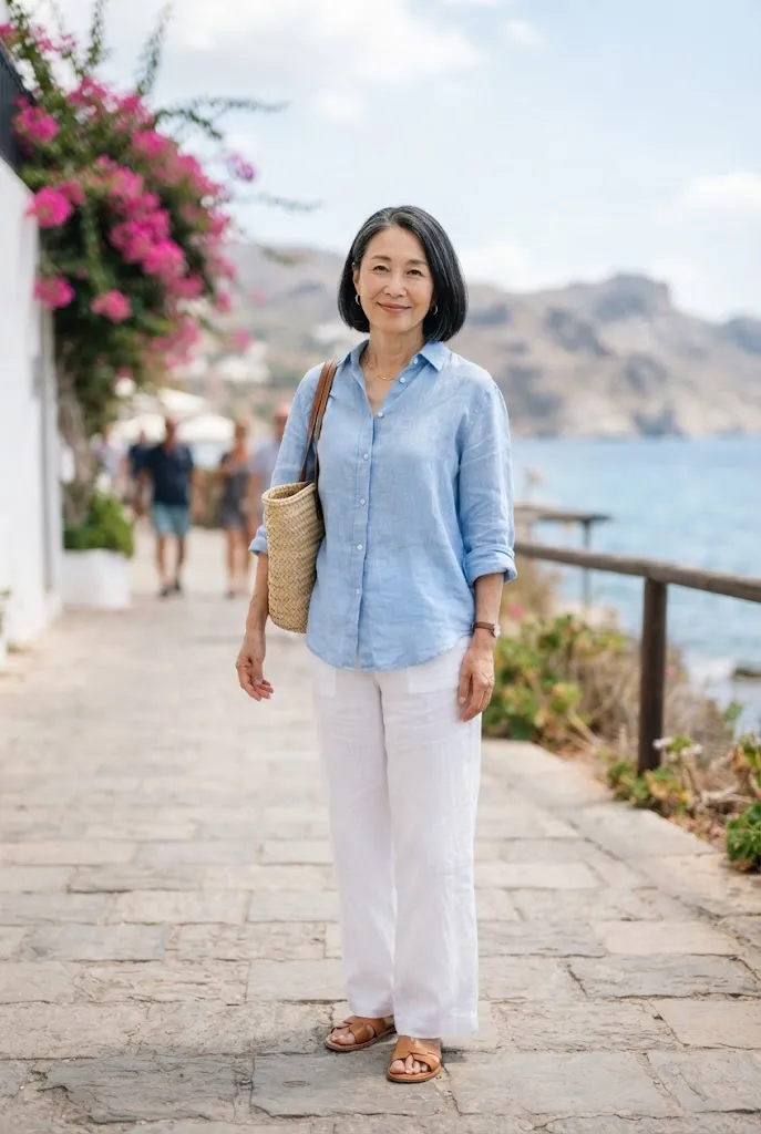 East Asian woman over 50 wearing a light blue linen shirt, white wide leg trousers, and tan sandals by the sea.