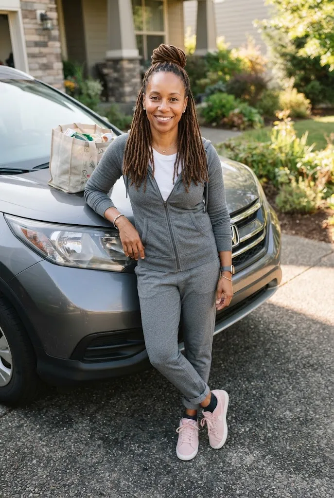 Woman in blush sneakers, gray joggers, and a gray zip hoodie beside her car