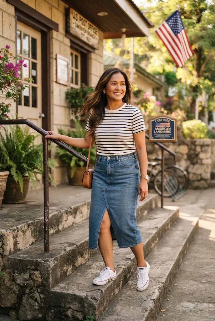 Woman in white canvas sneakers, a denim midi skirt, and a striped tee on sunny steps