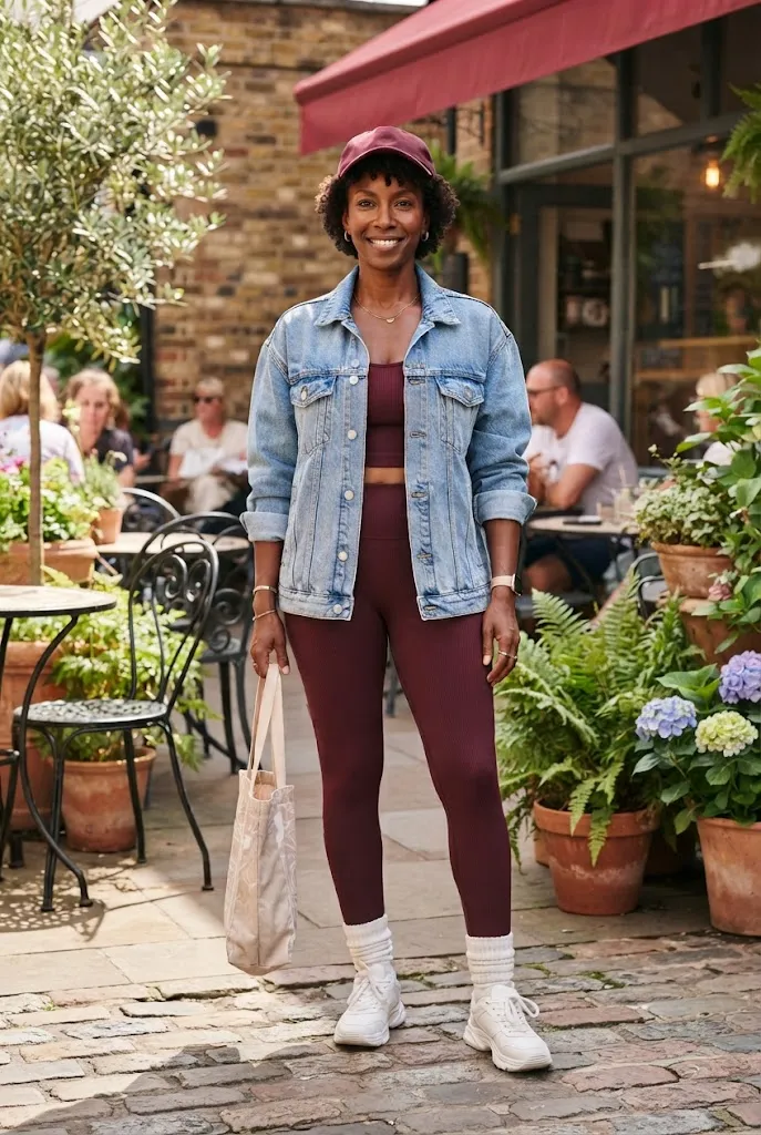 Woman in chunky white sneakers, a burgundy set, and a denim jacket outside a café