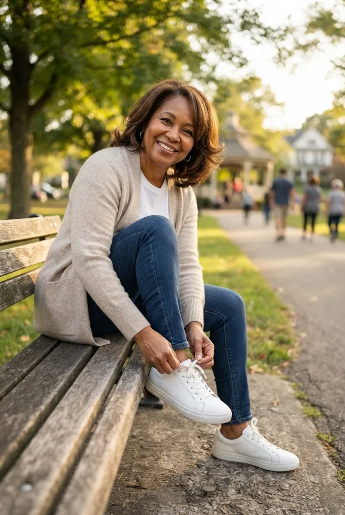 Black American woman over 50 sitting on a park bench lacing clean white sneakers with dark jeans and an oatmeal cardigan.