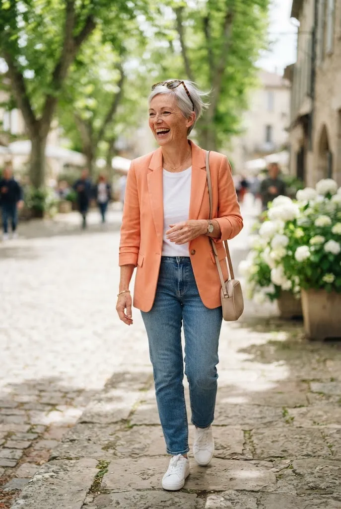 Fair skinned woman over 50 with a silver pixie cut in a coral blazer, white tee, jeans, and white sneakers.