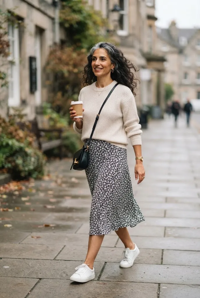 Middle Eastern woman over 50 in a cream ribbed sweater, black and white floral midi skirt, and white sneakers.