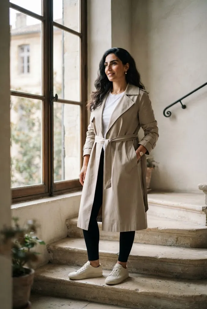Woman in cream sneakers, leggings, and a stone trench coat on stone steps