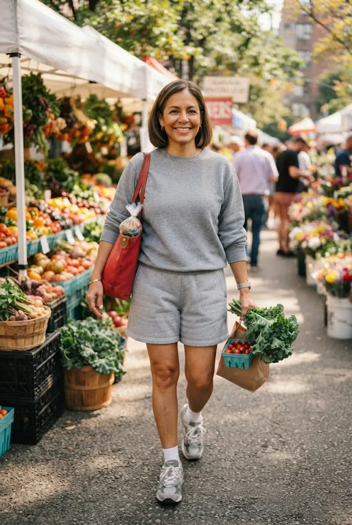 Woman in gray dad sneakers and a gray sweat shorts set with a red tote at a market