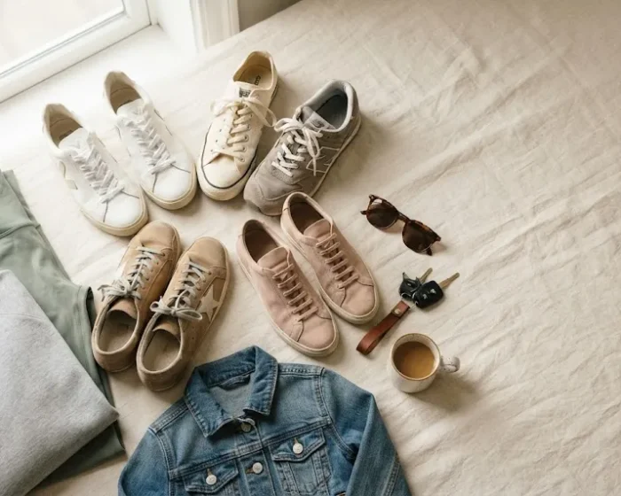 Flat lay of five easy sneakers with folded errand outfit pieces on cream linen
