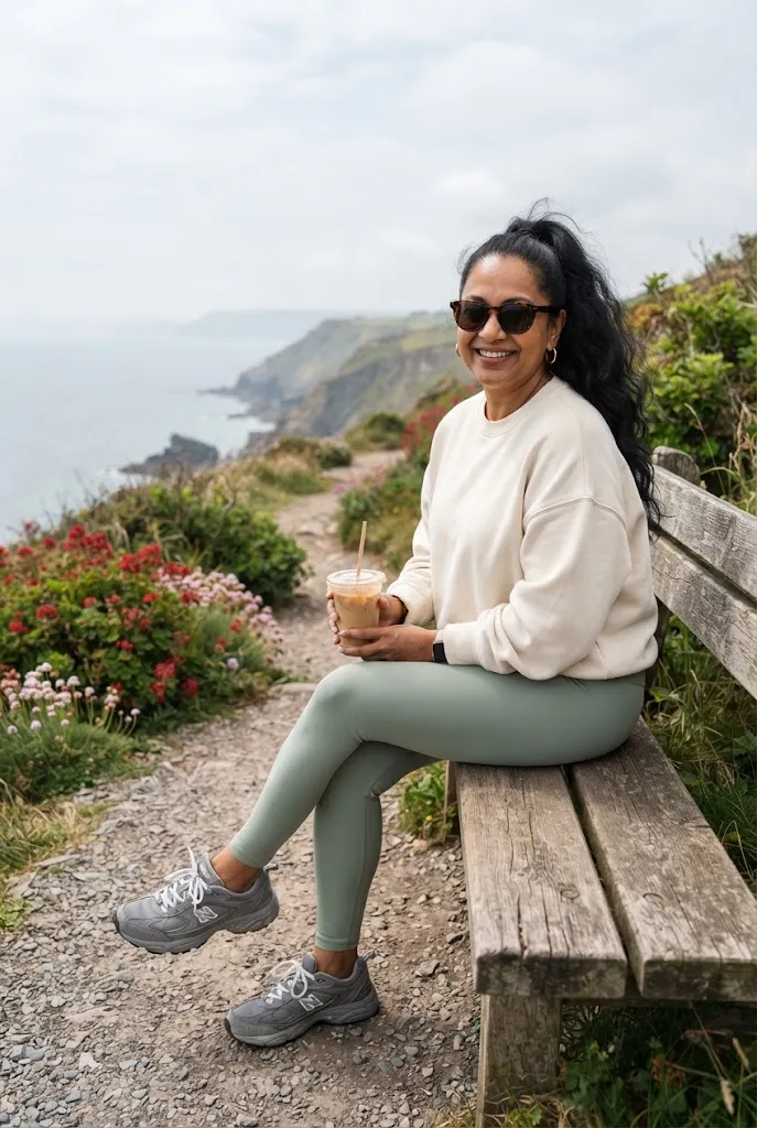 Woman in gray retro sneakers, sage leggings, and a cream sweatshirt on a seaside bench