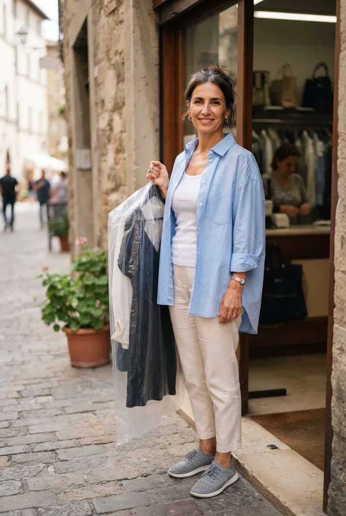 Woman in knit sneakers, ankle pants, and an open button shirt holding a garment bag