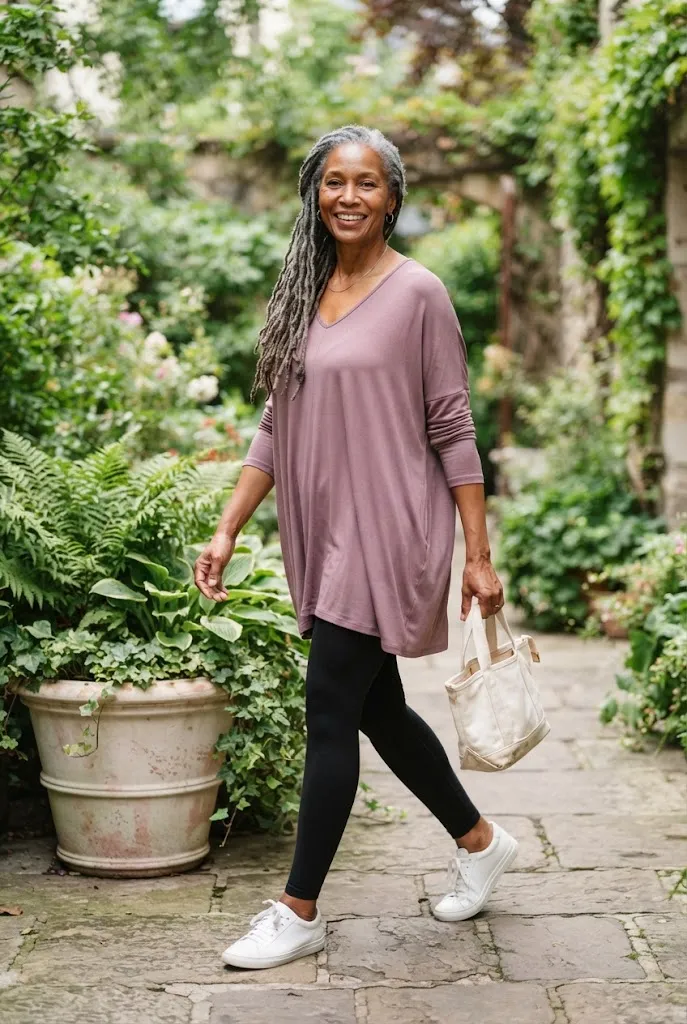 Woman over 50 with long gray locs in a flowing mauve V neck tunic, black leggings, and white sneakers.
