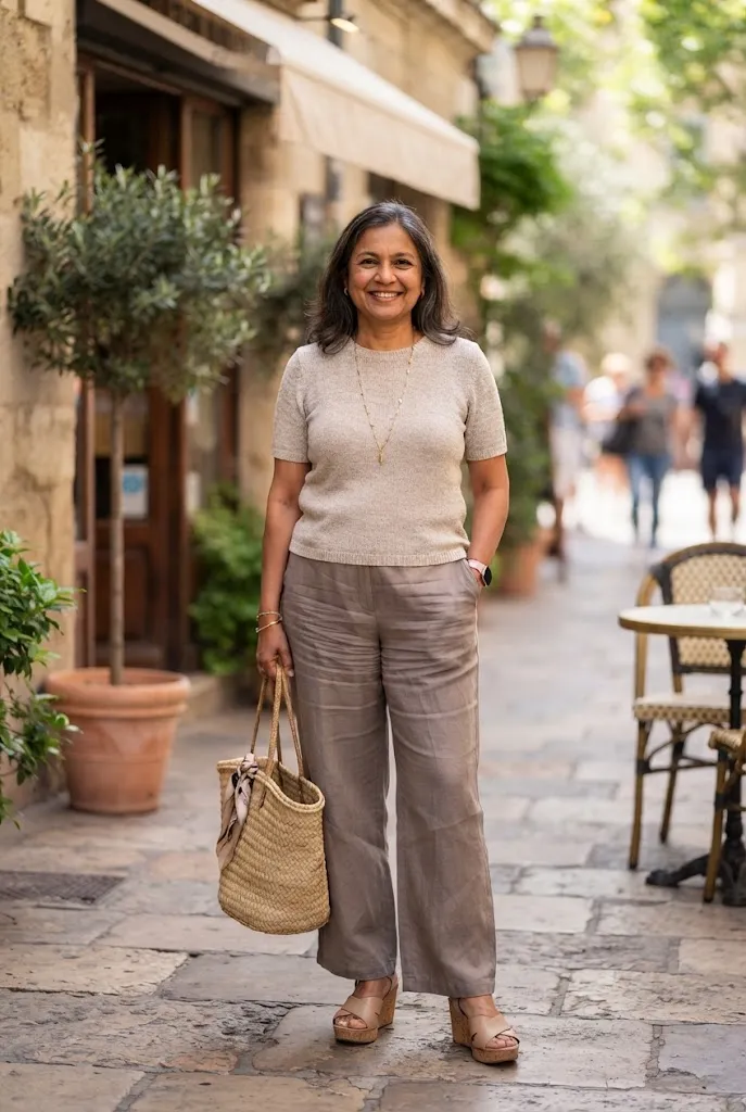 South Asian woman over 50 in an oatmeal knit top, taupe wide leg linen pants, long pendant, and wedge sandals.