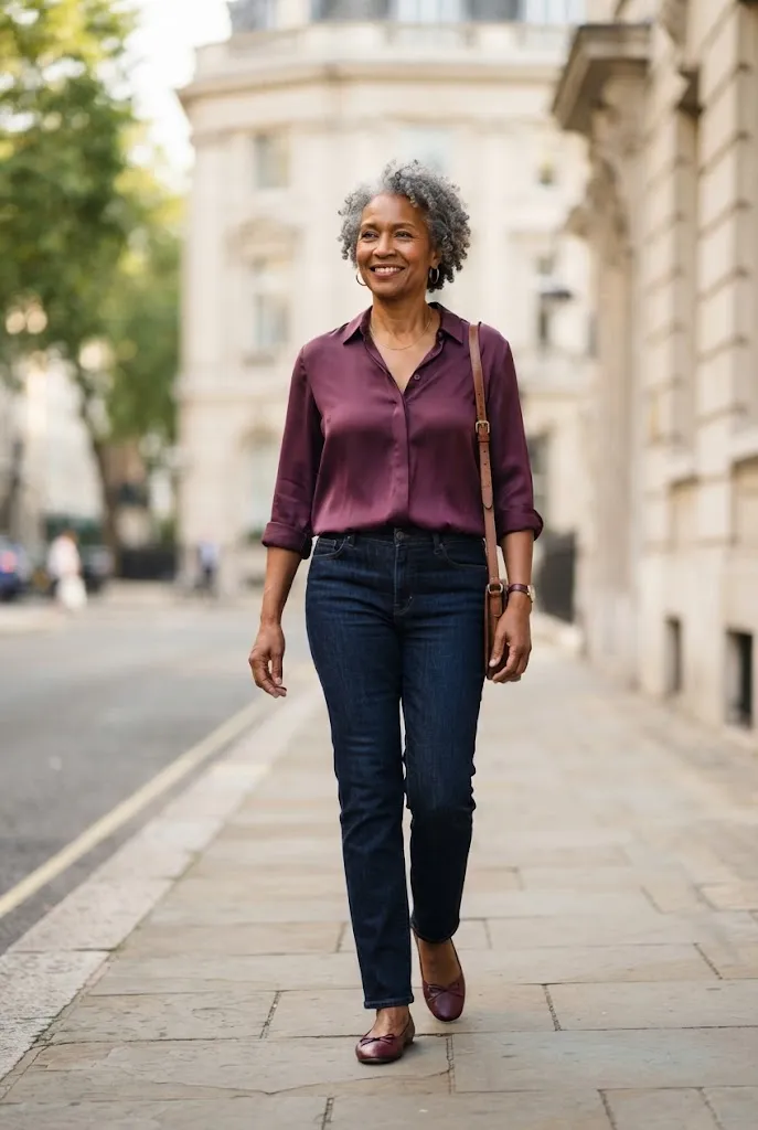 Black woman in her late 50s wearing a plum silk blouse, dark straight jeans, and burgundy flats on a city sidewalk.
