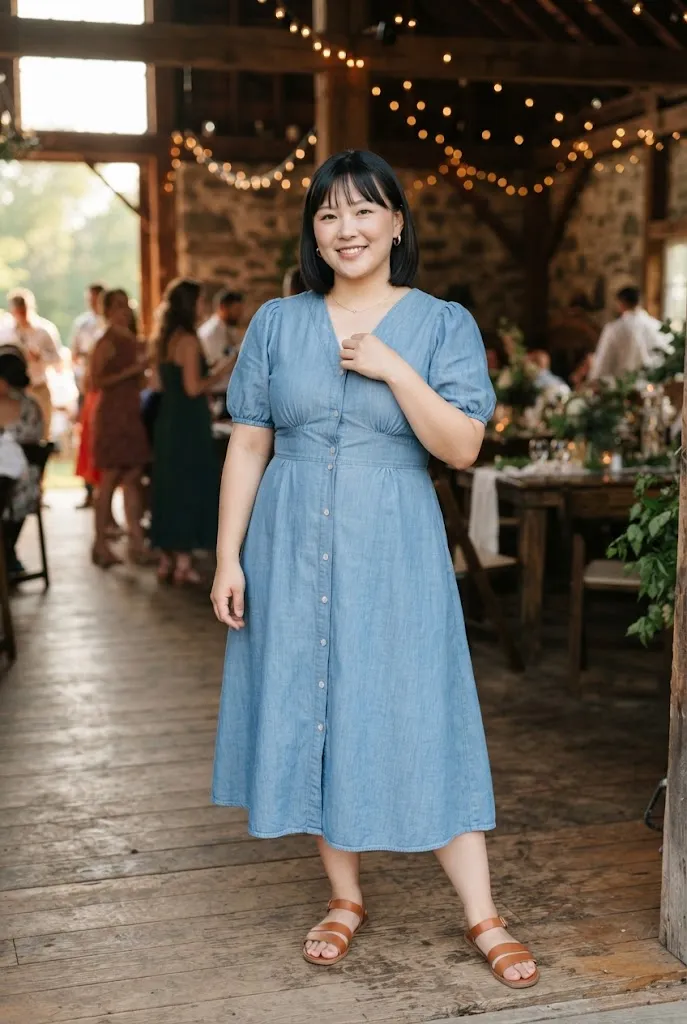 Plus size woman wearing a soft chambray button front midi dress with puff sleeves at a barn wedding
