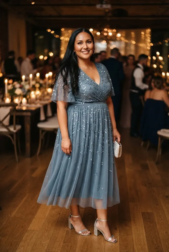 Plus size woman in a dusty blue tulle dress with leaf sequins holding a silver clutch