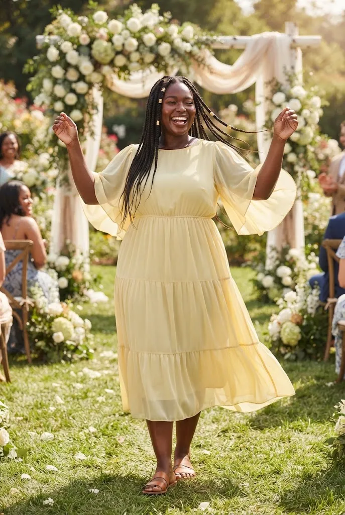Plus size woman in a flutter sleeve chiffon dress at a warm summer wedding