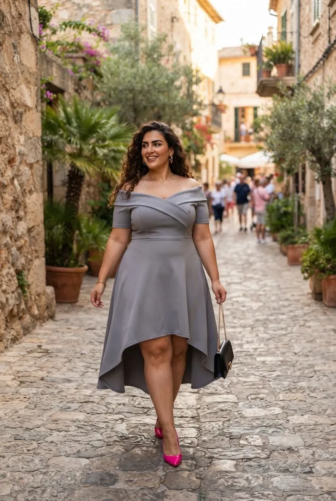 Plus size woman in a soft gray off shoulder high low dress with hot pink heels on a cobblestone street