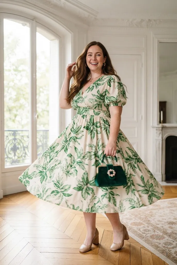Plus size woman in a green floral midi dress with a cinched waist holding a small green bag