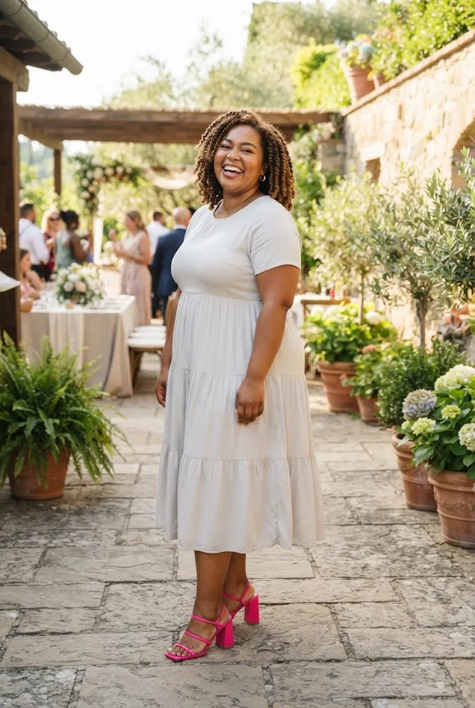 Plus size woman wearing hot pink block heels with a neutral wedding guest dress
Prompt: A vertical 2:3 realistic Pinterest style photo of a full figured American plus size