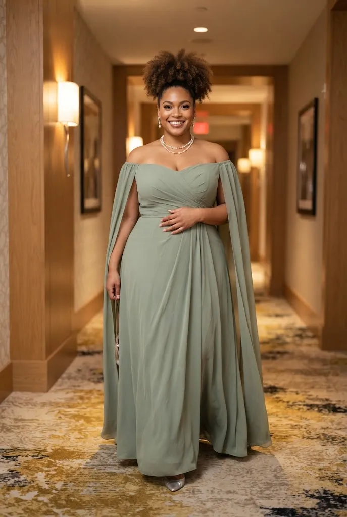 Plus size woman in an off shoulder sage green gown with cape sleeves and a pearl necklace