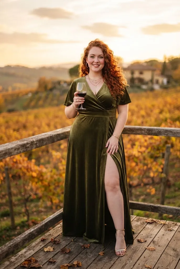 Plus size woman in an olive green velvet maxi dress with a side slit and gold sandals