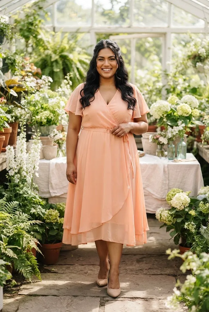 Plus size woman in a peach wrap midi dress with a matching belt and block heels in a garden
