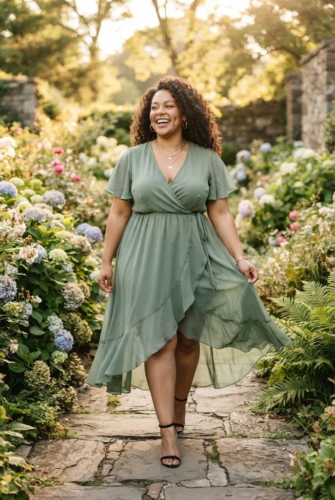 Plus size woman wearing a sage green chiffon wrap dress with a high low hem and black heels