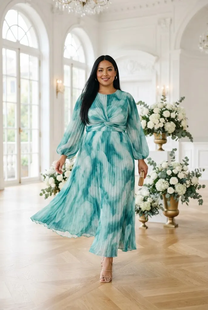 Plus size woman in a teal watercolor print pleated maxi dress with balloon sleeves
