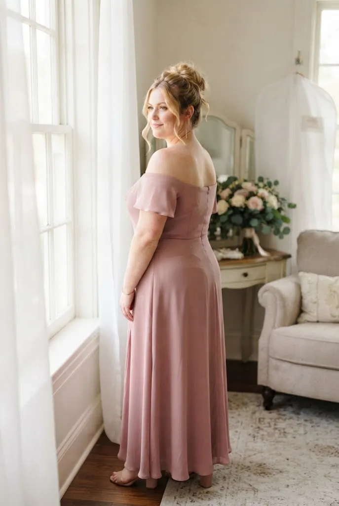 Plus size woman with a loose updo and long drop earrings wearing an off shoulder dress