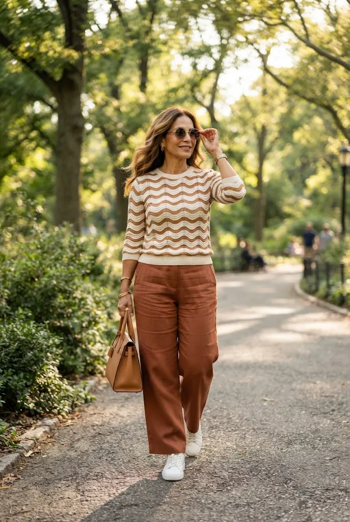 Latina woman over 50 in rust linen wide leg pants, a cream and caramel wavy knit, and white sneakers.