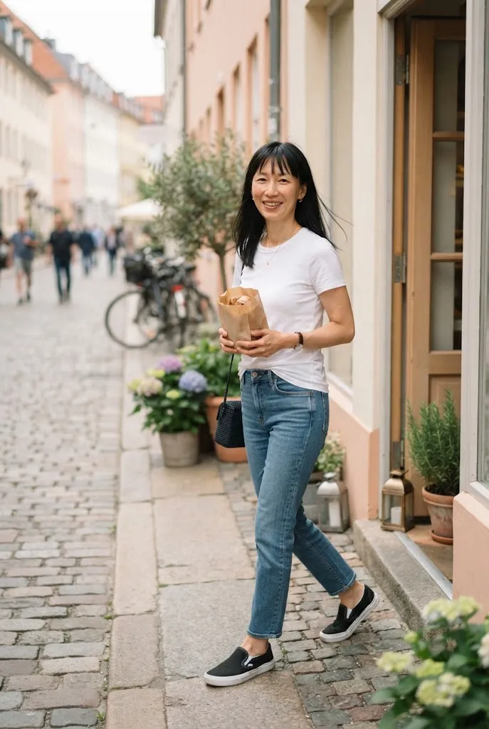Woman in black slip on sneakers, straight jeans, and a white tee leaving a bakery