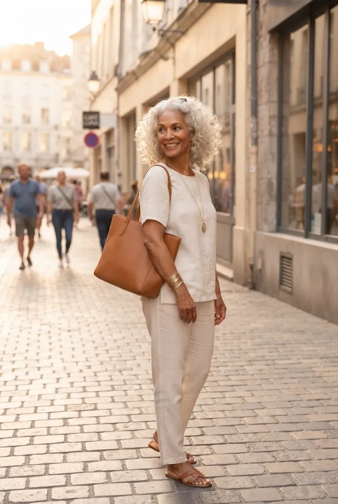 Woman over 50 with white curly hair wearing a long pendant necklace, gold bangles, sunglasses, and a leather tote.