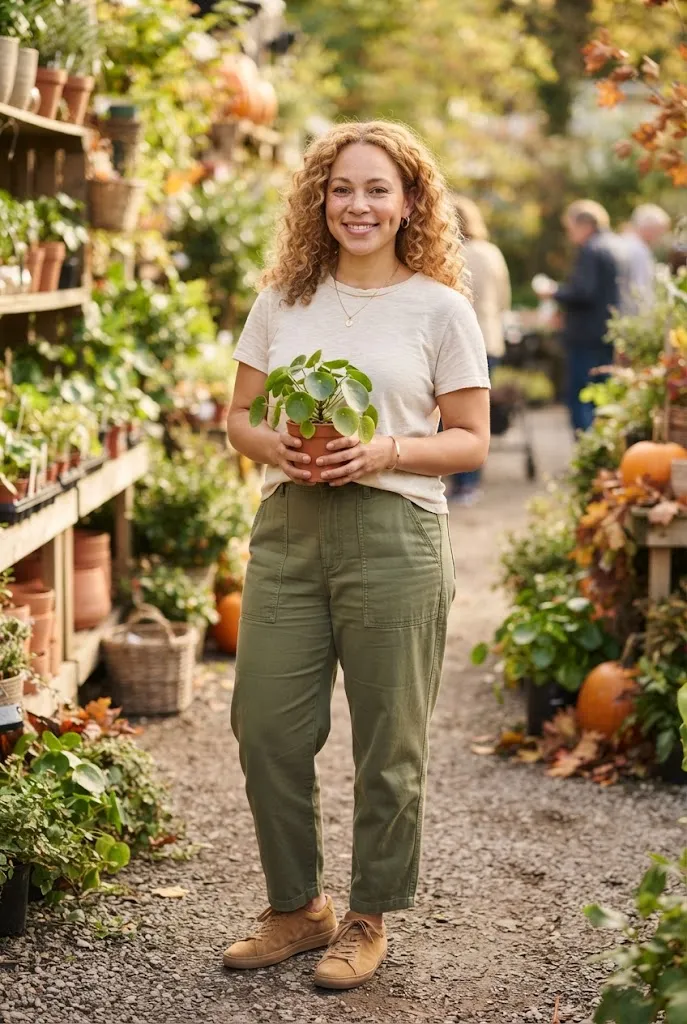 Woman in tan suede sneakers, olive utility pants, and an oatmeal tee at a garden center