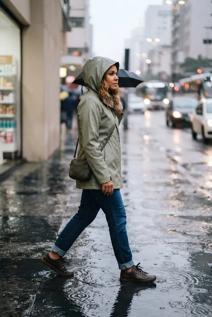 Woman in water resistant sneakers, dark jeans, and an olive rain jacket on a wet sidewalk